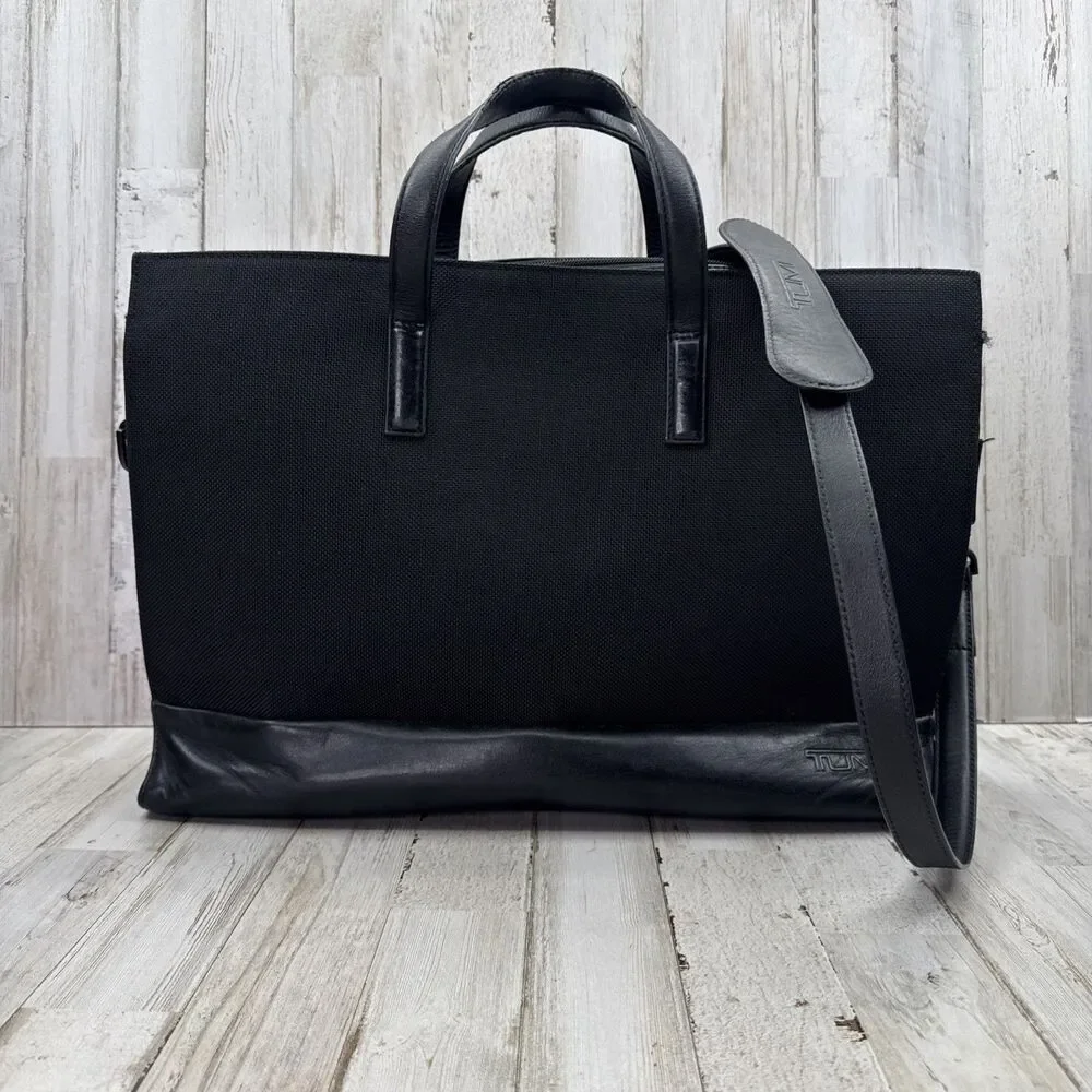 Tumi Briefcase Large Shoulder Satchel Travel  Tote Bag Black Leather Trim Unisex
